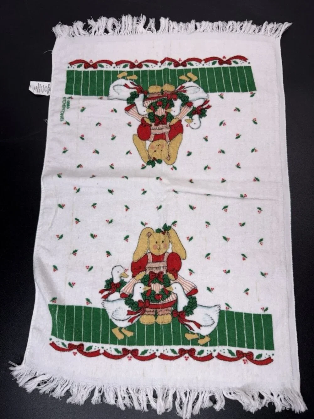 Vintage 90s B&D Royal Terry Kitchen Towel Country Christmas Goose Bunny Rabbit